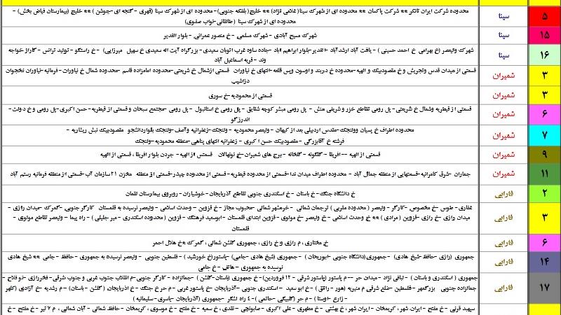 جدول خاموشی های تهران از 17 تا 20 خرداد