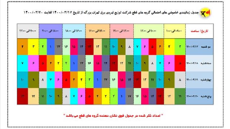 جدول خاموشی تهران 17 تا 20 خرداد