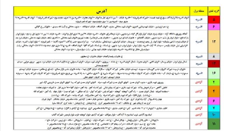 جدول خاموشی تهران 17 تا 20 خرداد